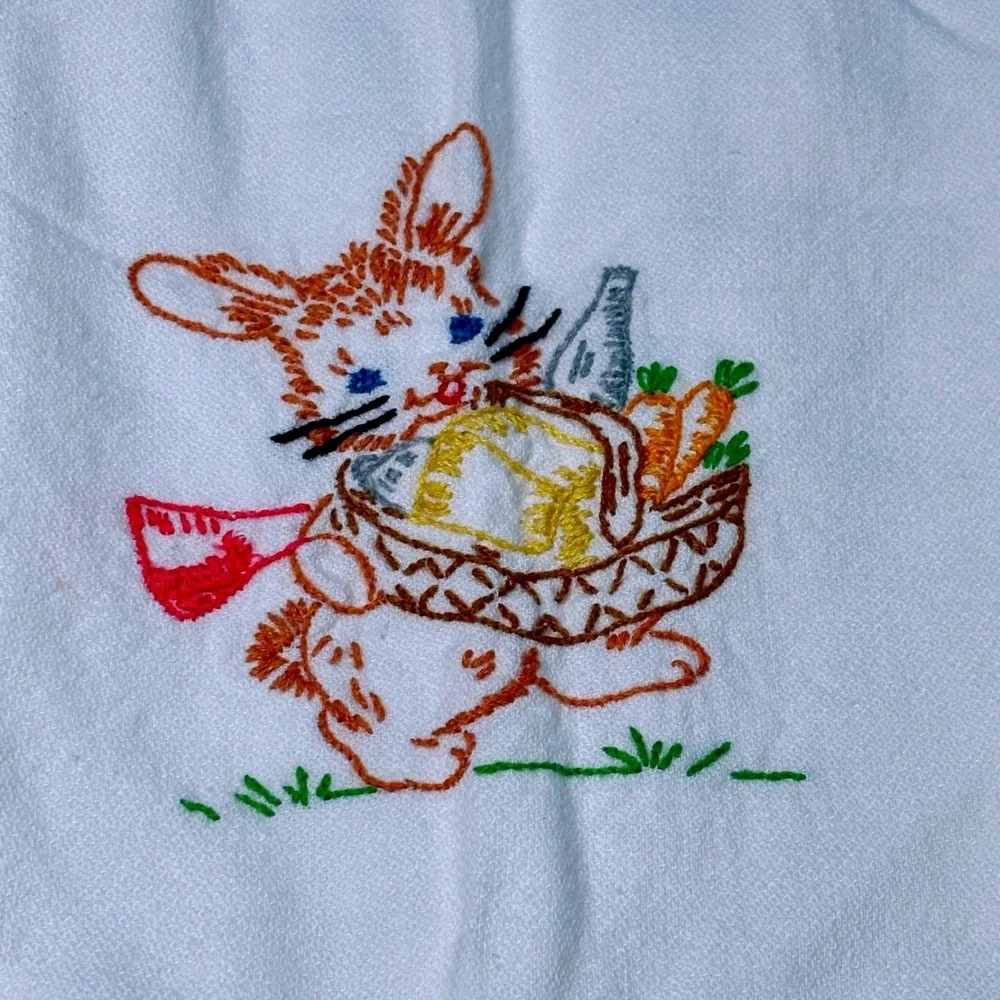 Vintage Tea Towel 2 set White Hand Embroidered Bunny Rabbit Kitchen Cottage gran